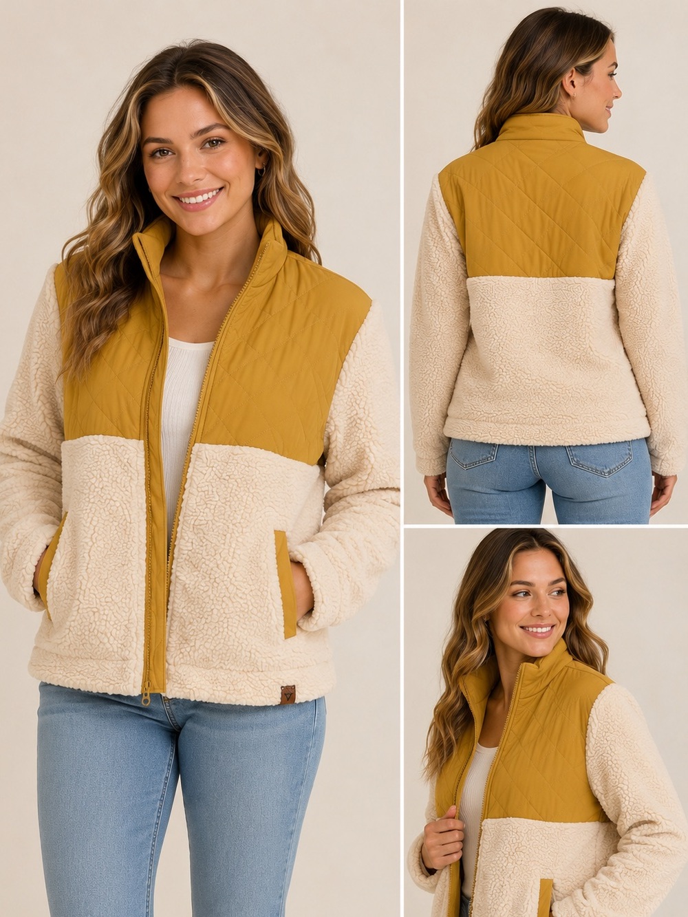 LIV Outdoor Mustard & Cream Sherpa Fleece Jacket XL Cozy Quilted Zip Up